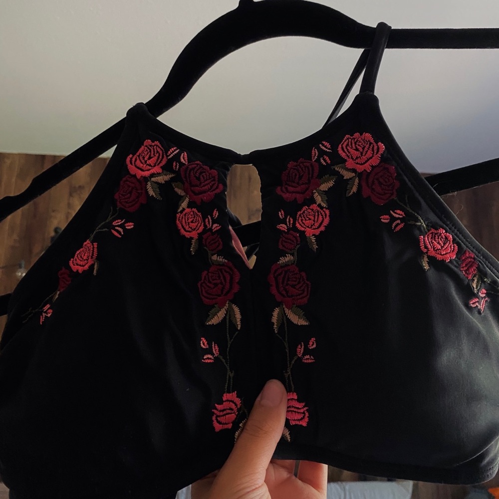 Black Roses Halter Bikini Top
